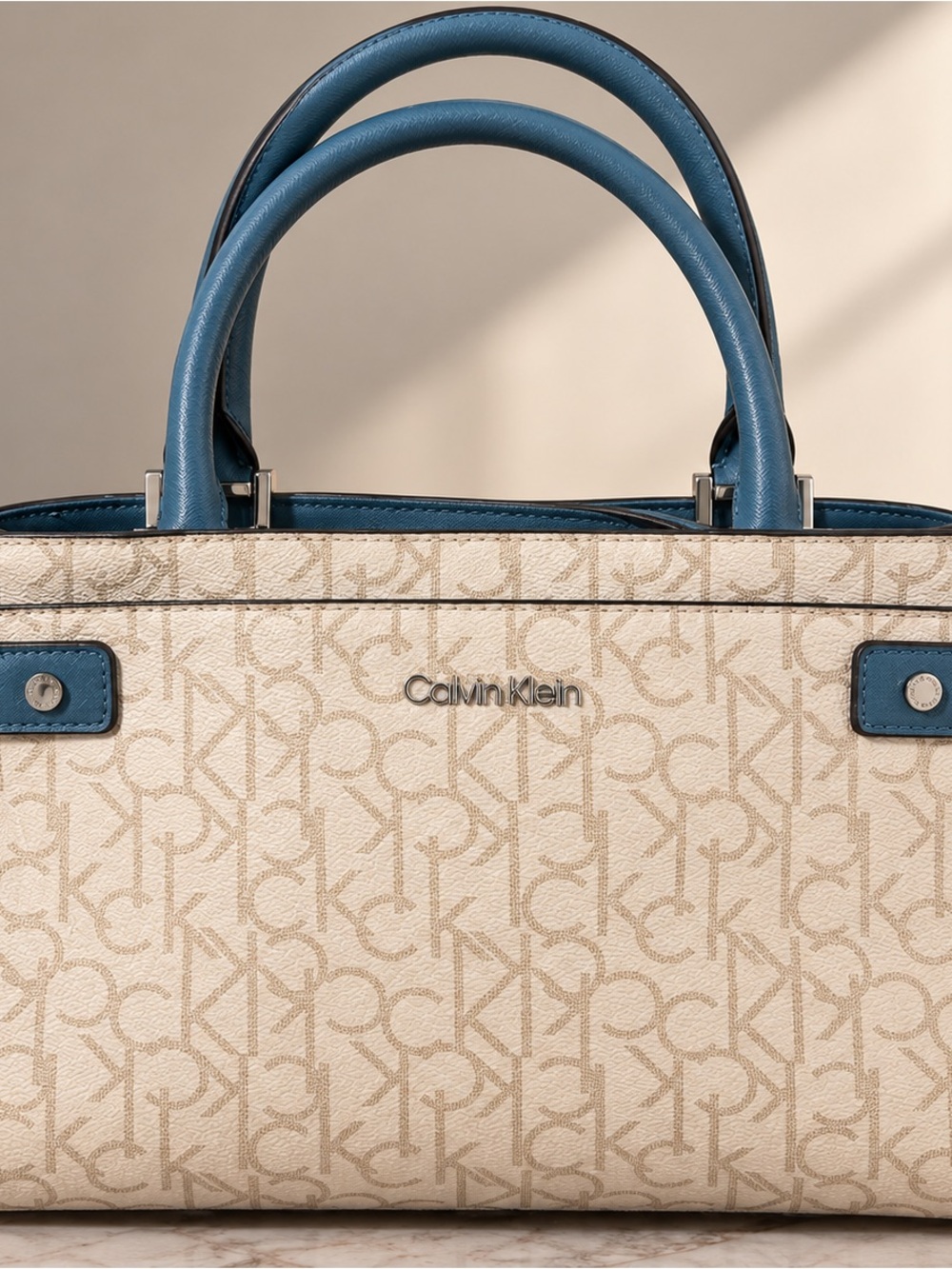 Calvin Klein Beige Monogram Satchel with Blue Trim